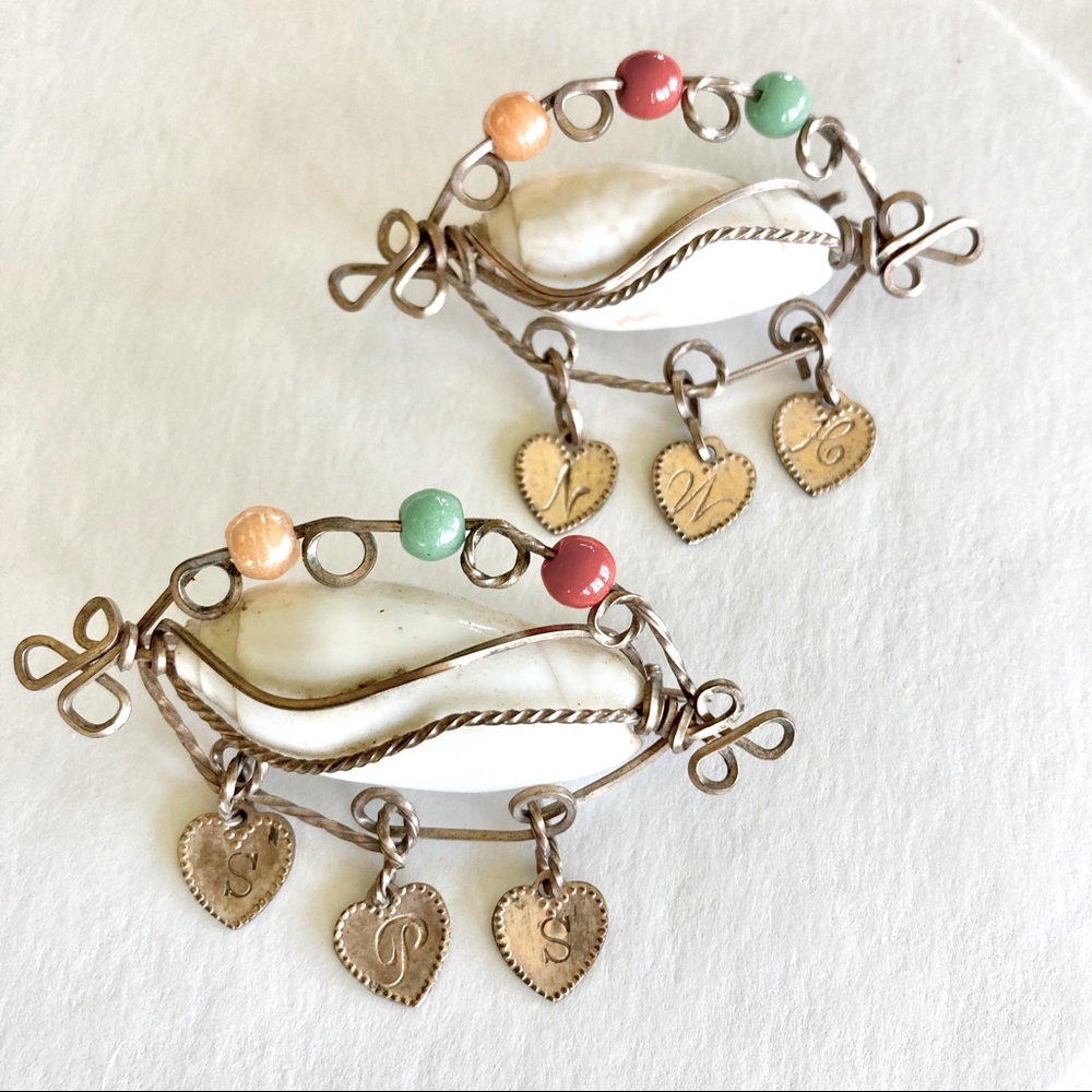 Vintage Wire Wrapped Shell Initials Brooch (Pair) Handmade Heirloom Jewelry - Picture 6 of 6